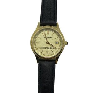 Tourneau Praxair Watch Women Gold Tone 100yr Anniversary Date Black Leather Band